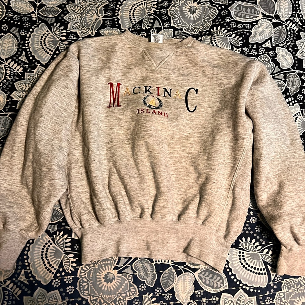 Vintage Mackinac Island Embroidered Grey Sweatshirt